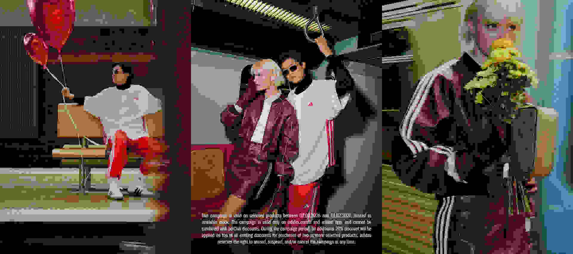 The image depicts three individuals wearing stylish, burgundy-colored outfits, posing in what appears to be a performance or fashion-related setting, with a red curtain and other theatrical elements visible in the background.