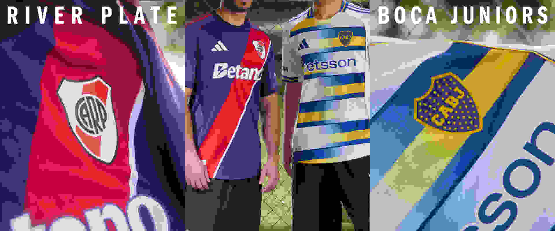 The image displays various soccer jerseys from different teams, including River Plate, Boca Juniors, and Betsson, showcasing the vibrant and diverse world of soccer apparel.