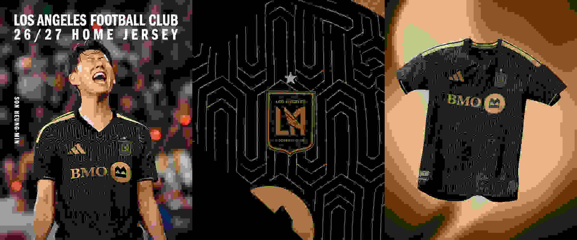 The image displays a black and gold soccer jersey with the "LAFC" logo and "BMO" sponsor, along with a player in the background celebrating in a stadium setting.