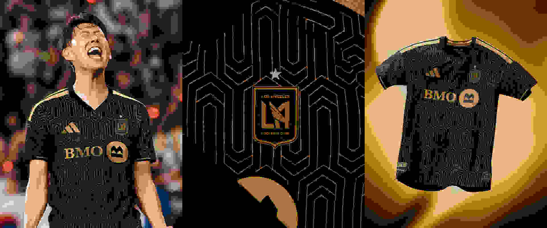 The image features a black and gold soccer jersey with the "BMO" logo prominently displayed, along with a patterned background that appears to be part of a stadium or venue.