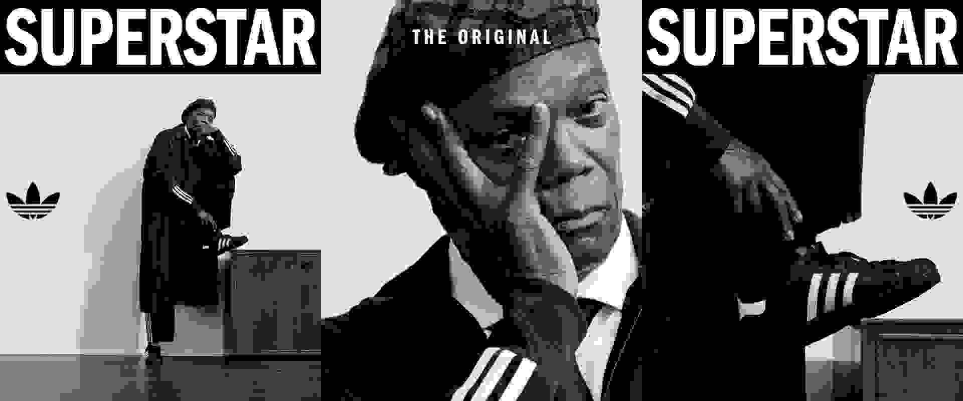 A black and white image featuring a close-up portrait of a man with a serious expression, surrounded by text that reads "SUPERSTAR" and "THE ORIGINAL".