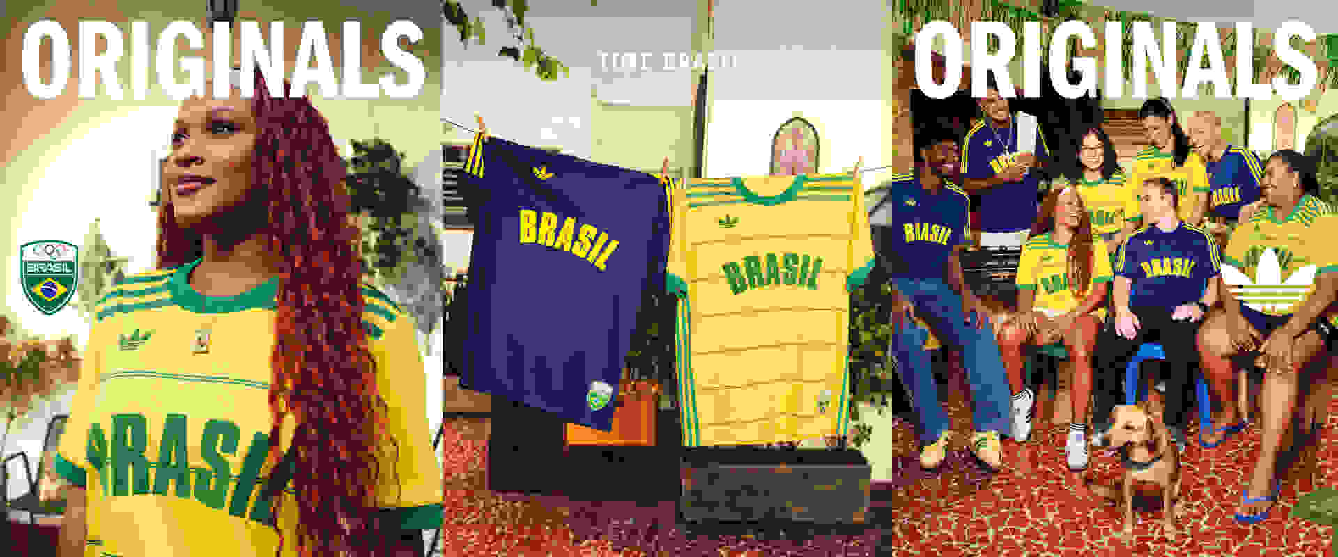 The image features a display of Brazilian-themed clothing and accessories, including jerseys, t-shirts, and other apparel, set against a backdrop of palm trees and a tropical-inspired setting.