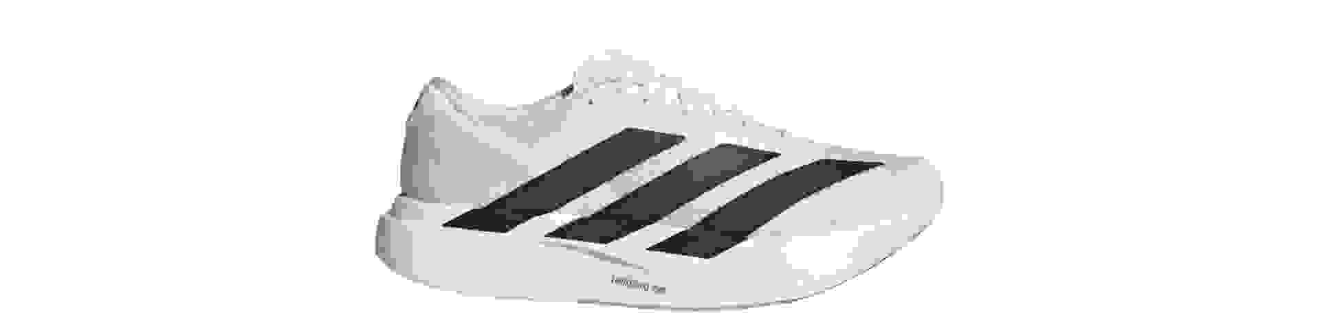 A pair of white and black athletic shoes with a distinctive sole design, set against a plain white background.