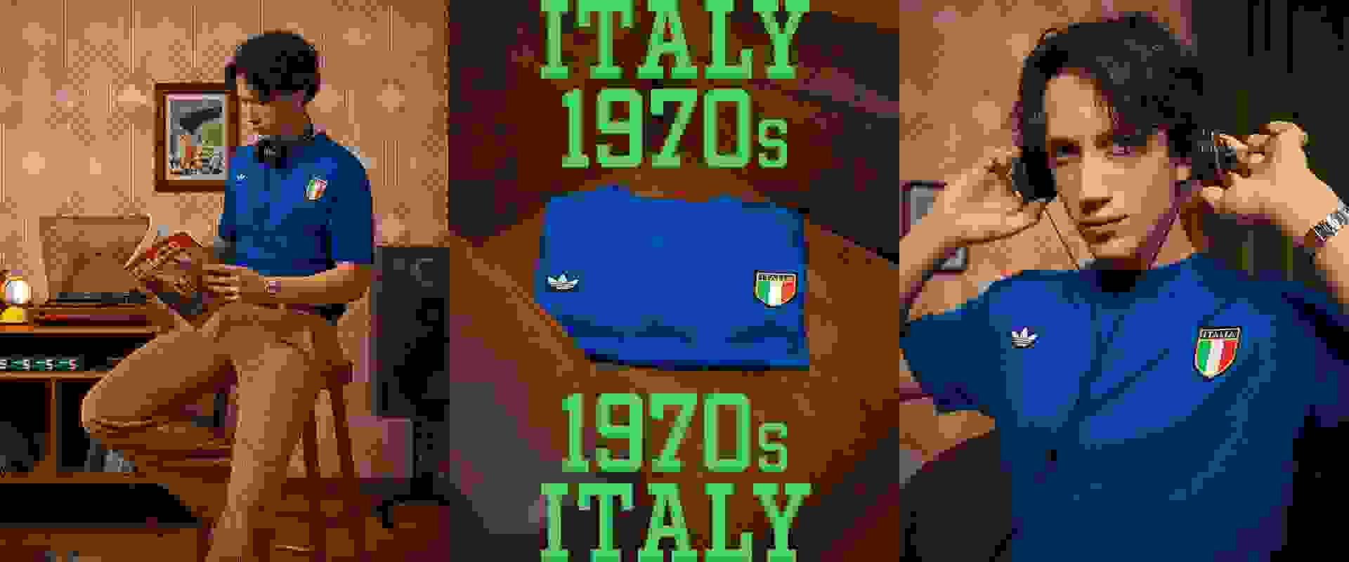 L'image montre deux personnes portant des maillots bleus avec le drapeau italien et le texte "Italy 1970s" bien en vue. L'arrière-plan semble être une pièce de style vintage avec un papier peint à motifs.