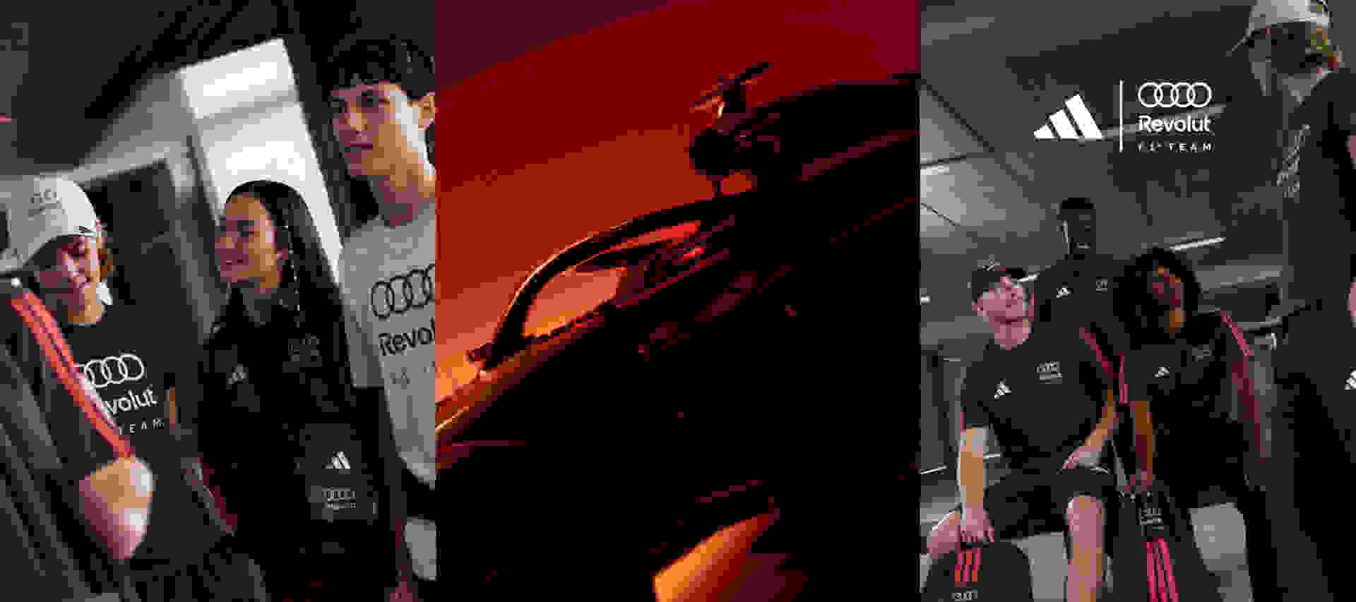 The image shows several people wearing Audi and Adidas branded clothing, standing in what appears to be a sports or athletic facility.