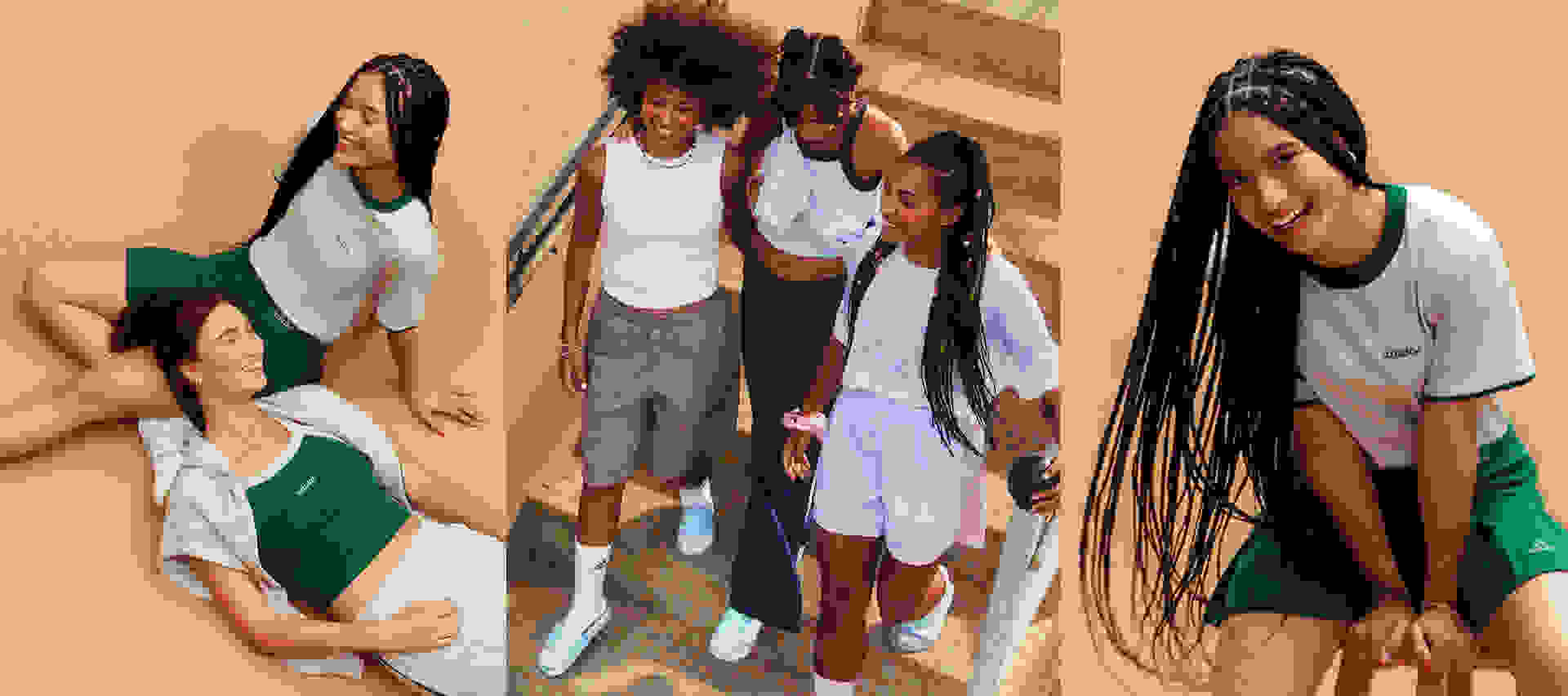 A group of young people with diverse hairstyles and outfits, standing together in a casual setting against a plain background.