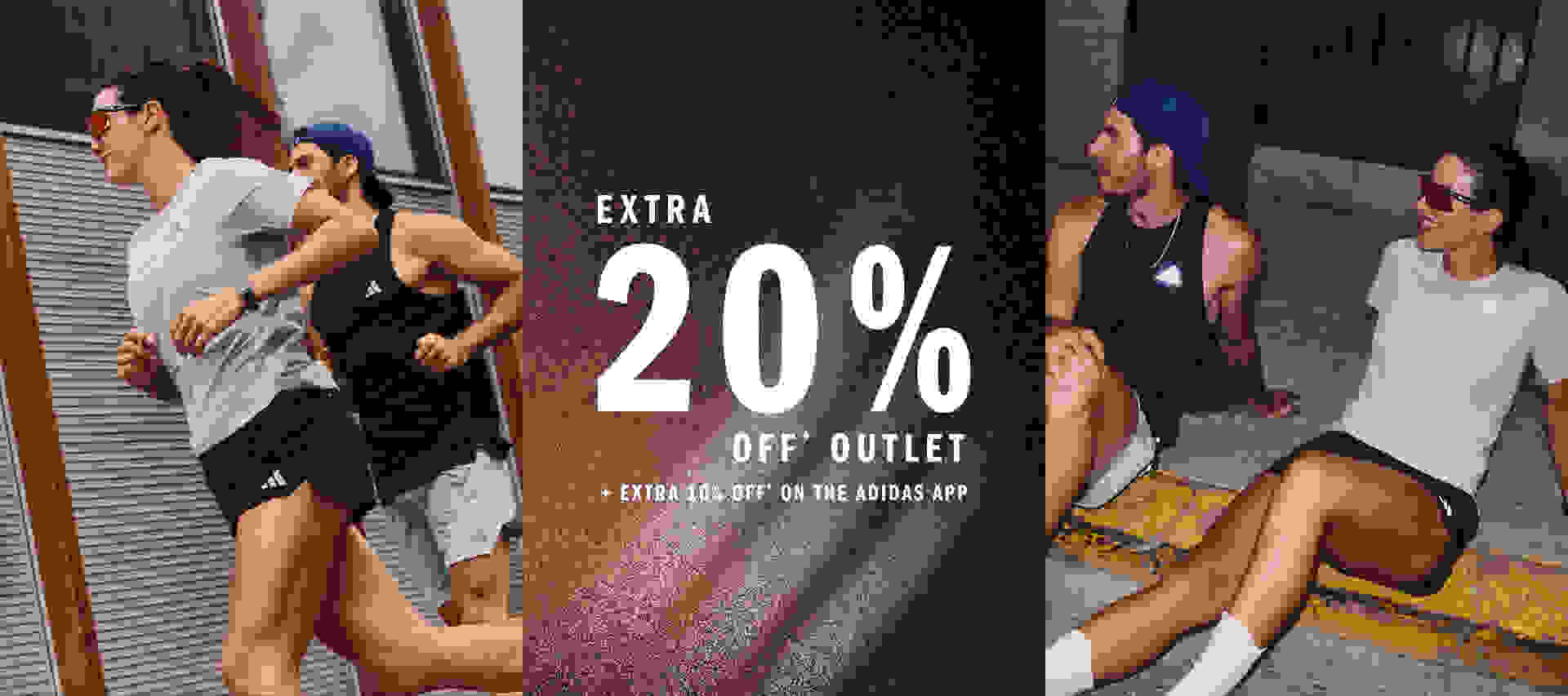 The image shows a group of people, likely customers, standing outside a retail store that is advertising an extra 20% off outlet sale.