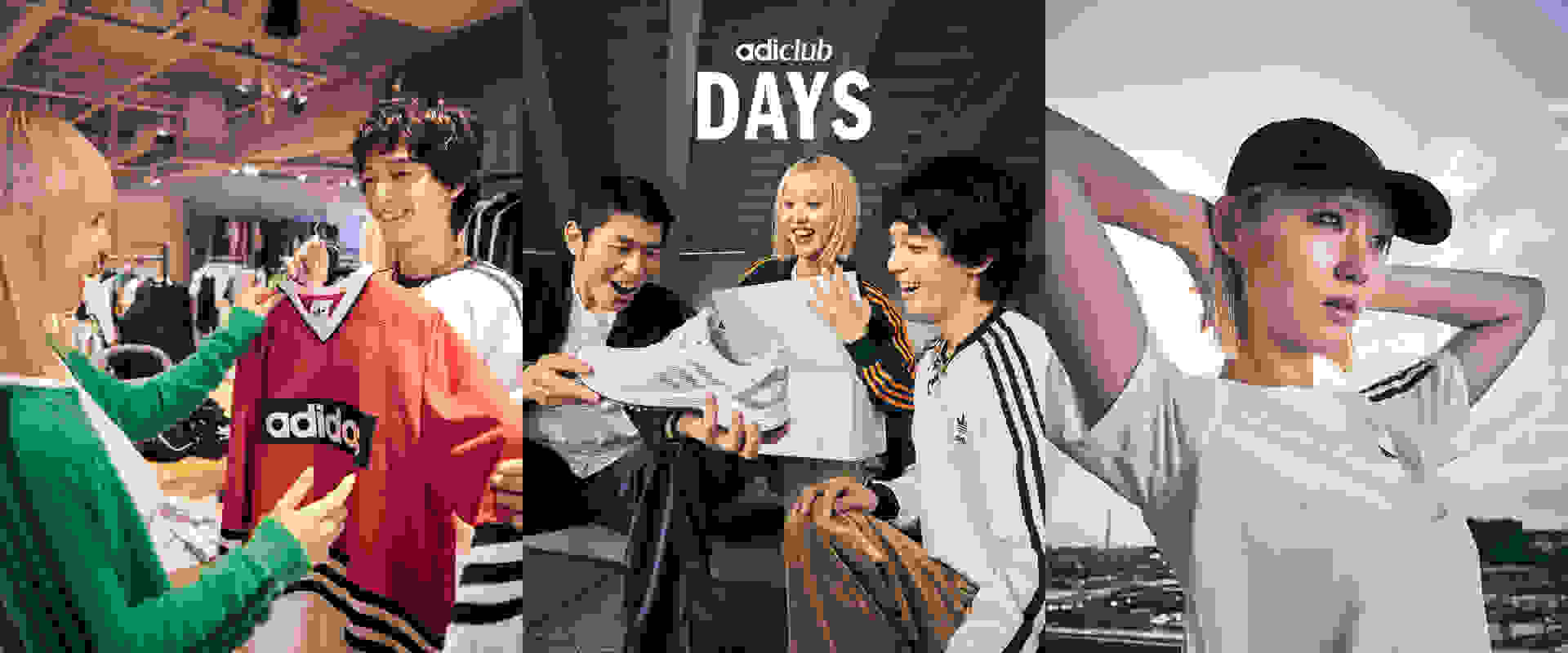 The image depicts a group of young people, likely customers, browsing and interacting with Adidas merchandise in what appears to be a retail store setting. The background features Adidas branding and signage, suggesting this is an Adidas-branded store or display.