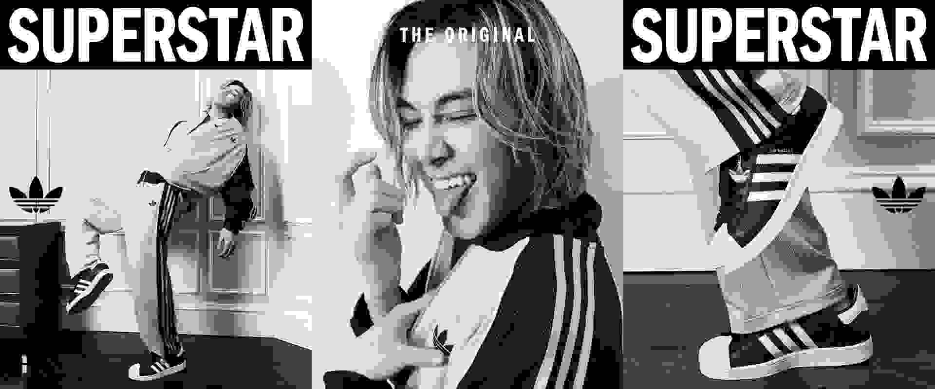 A black and white image featuring a smiling woman with long hair, surrounded by various "Superstar" and "The Original" branding elements.