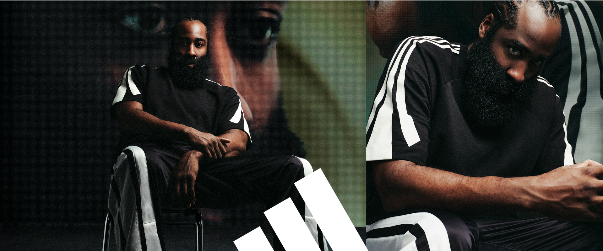 James Harden wearing black adidas clothing with white stripes