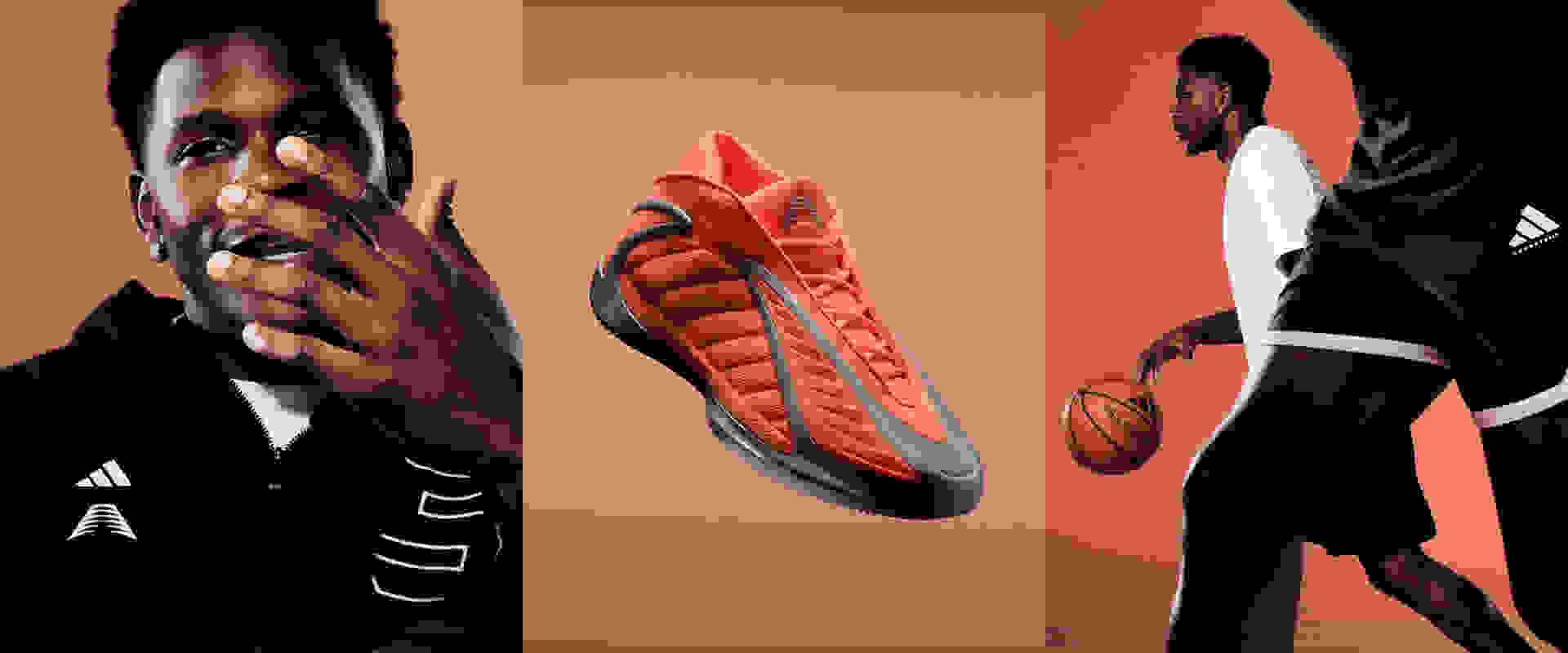 An orange and grey adidas Anthony Edwards 2 basketball sneaker shown angled against a orange background. It has a sculpted sole and wave-like side design.
