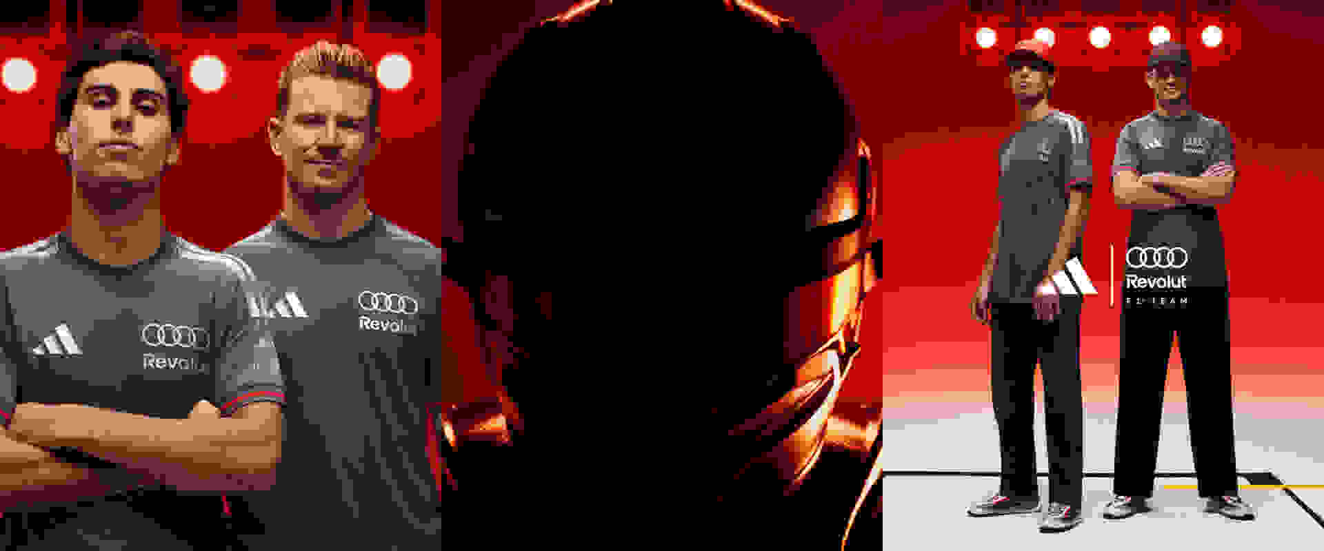 3 images, all with a red background. 1st with F1 drivers Gabriel Bortoleto (arms crossed) and Nico Hülkenberg with spotlights behind. 2nd is an F1 helmet shot head on. 3rd is a shot of Gabriel Bortoleto and Nico Hülkenberg with spotlights behind.