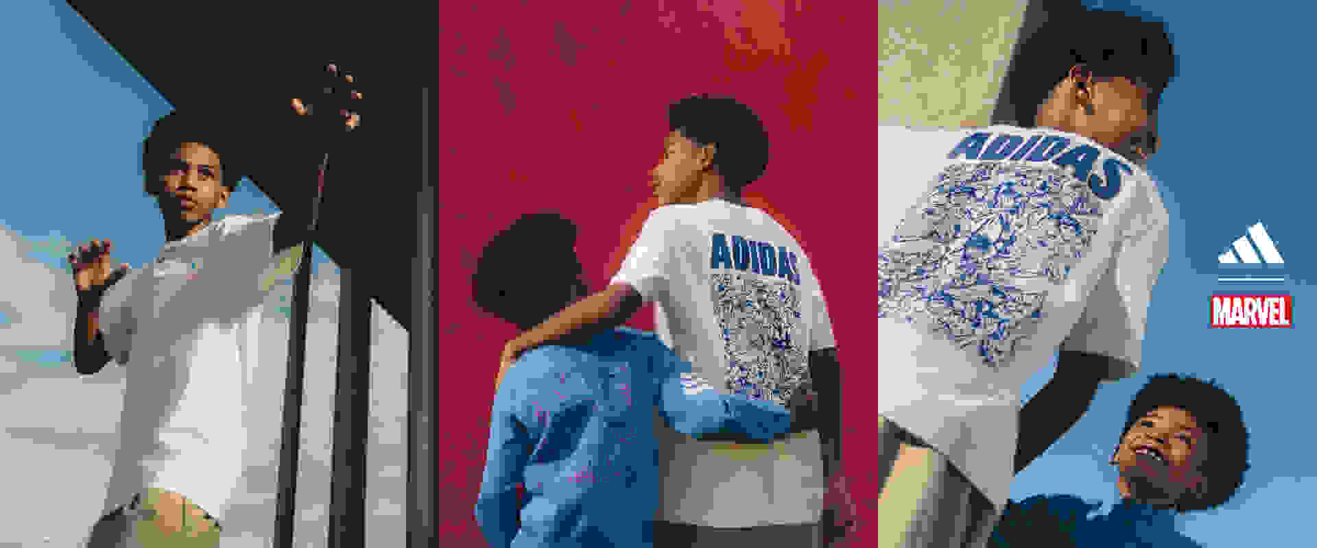 The image features several individuals wearing Adidas-branded clothing, standing in front of a vibrant red wall. The individuals appear to be of diverse backgrounds, with different hairstyles and expressions.