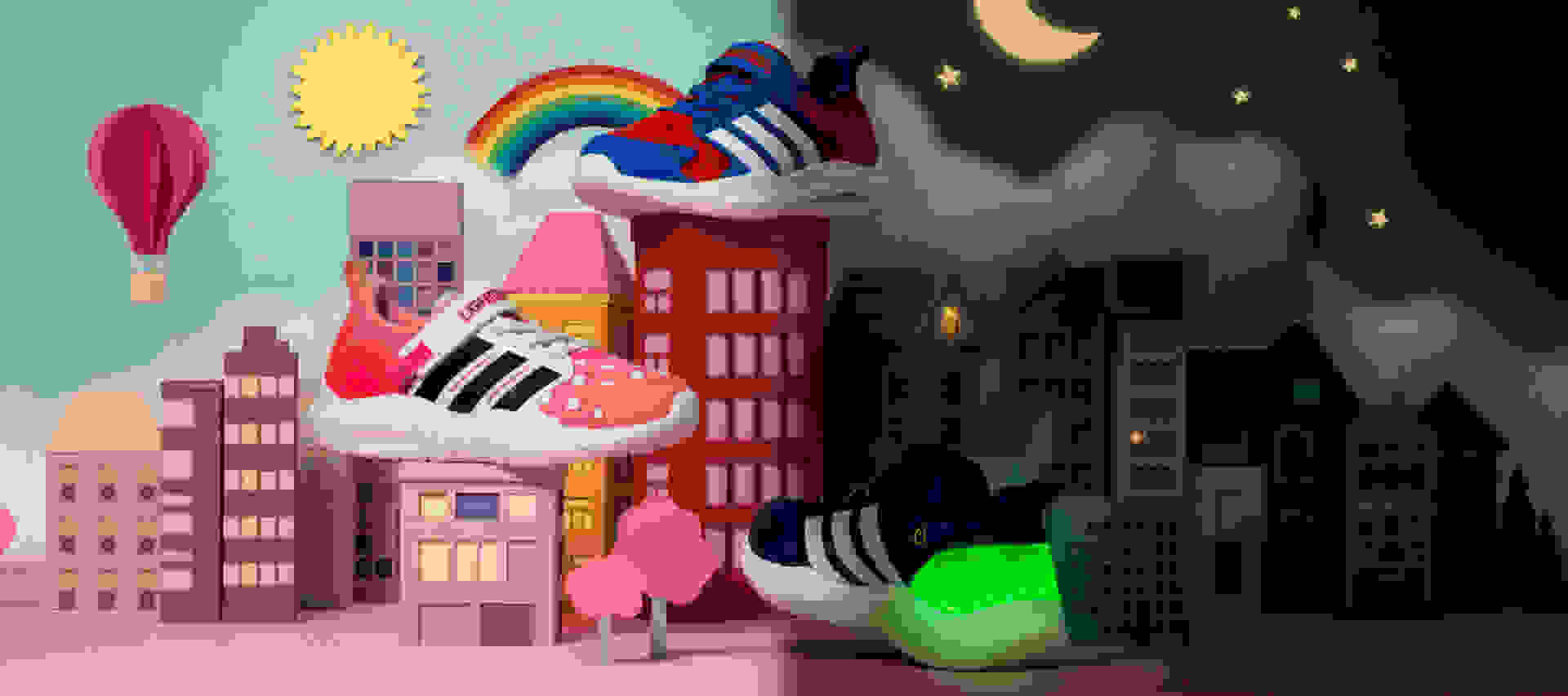 A colorful and whimsical scene featuring abstract shapes, buildings, and a large, stylized figure in the foreground against a night sky backdrop.