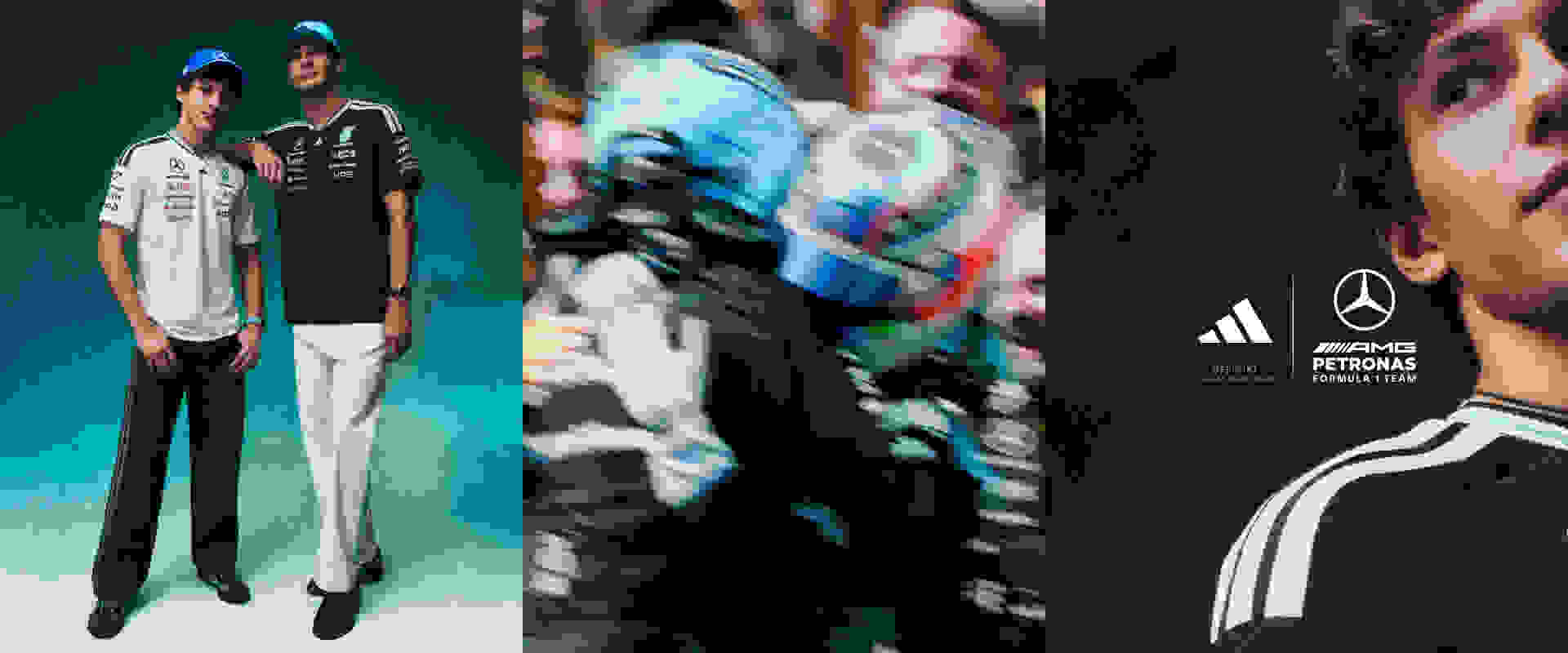 The image features two people in the foreground, one wearing a white and black jersey and the other wearing a black jersey, against a blurred background of a crowd and Mercedes-AMG Petronas Formula 1 team branding.