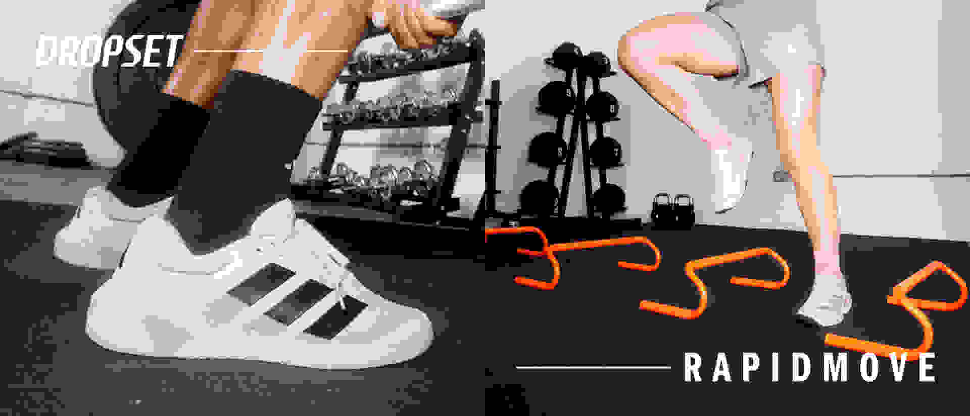 The image shows a person's lower body wearing athletic clothing, including black socks and white sneakers, standing in front of a weight rack with various exercise equipment.