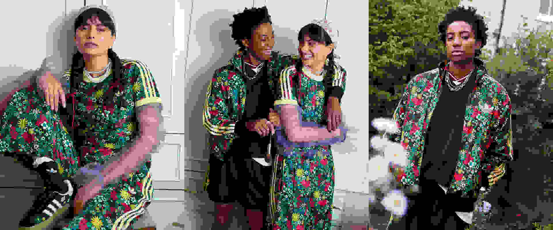 Bir çift yatak odasında samimi bir anı paylaşıyor, birbirlerine bakıyor ve gülüyorlar. Her iki kadın da adidas x Liberty London giyiyor.