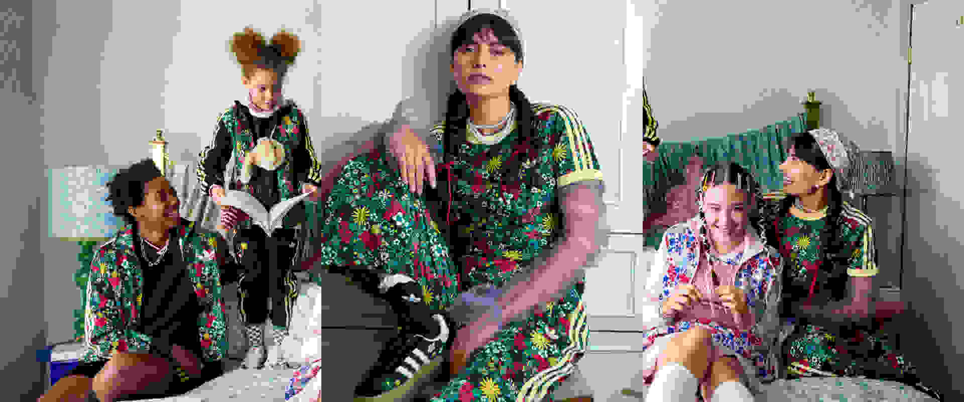 A series of three images are seen side by side, showing a family in a bedroom. Both mothers and their two daughters are wearing adidas x Liberty London.