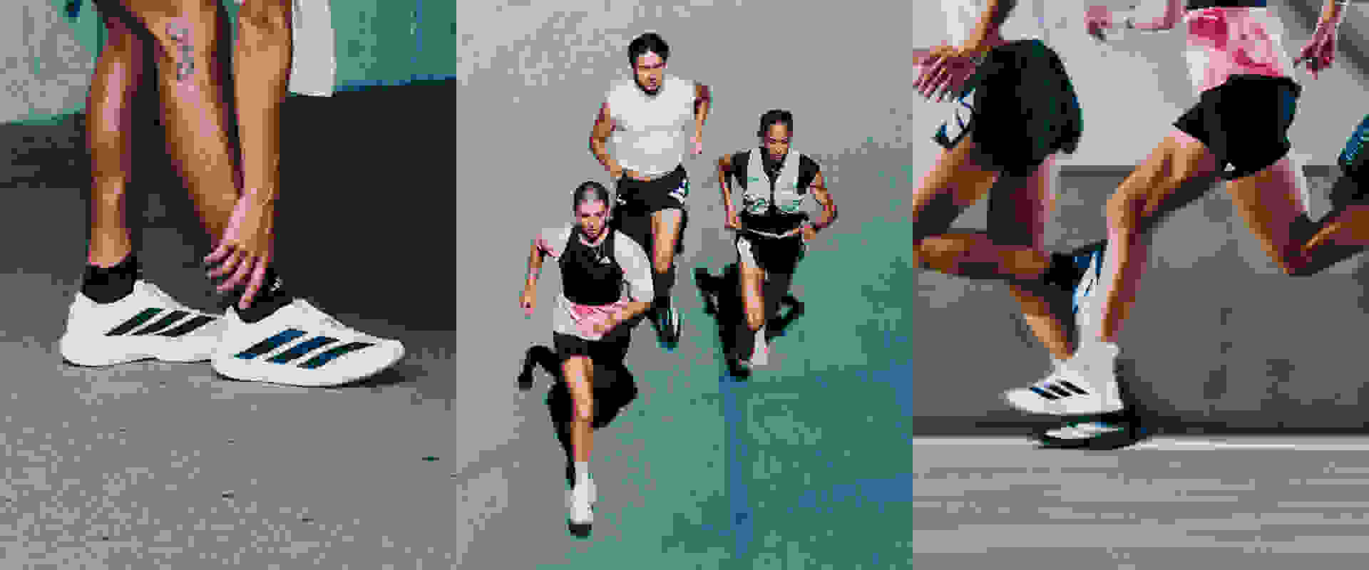 A group of people, likely athletes, are walking together on a paved surface, wearing athletic clothing and shoes.