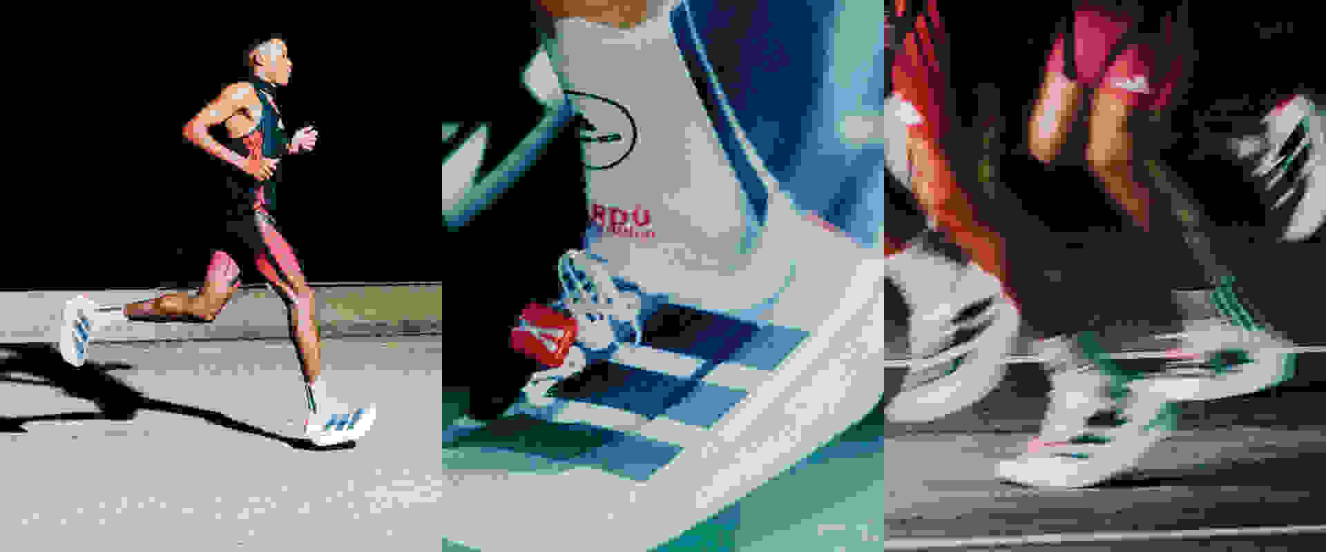 Uma pessoa com equipamento atlético a correr numa pista, com figuras desfocadas ao fundo e um grande logótipo visível na lateral.