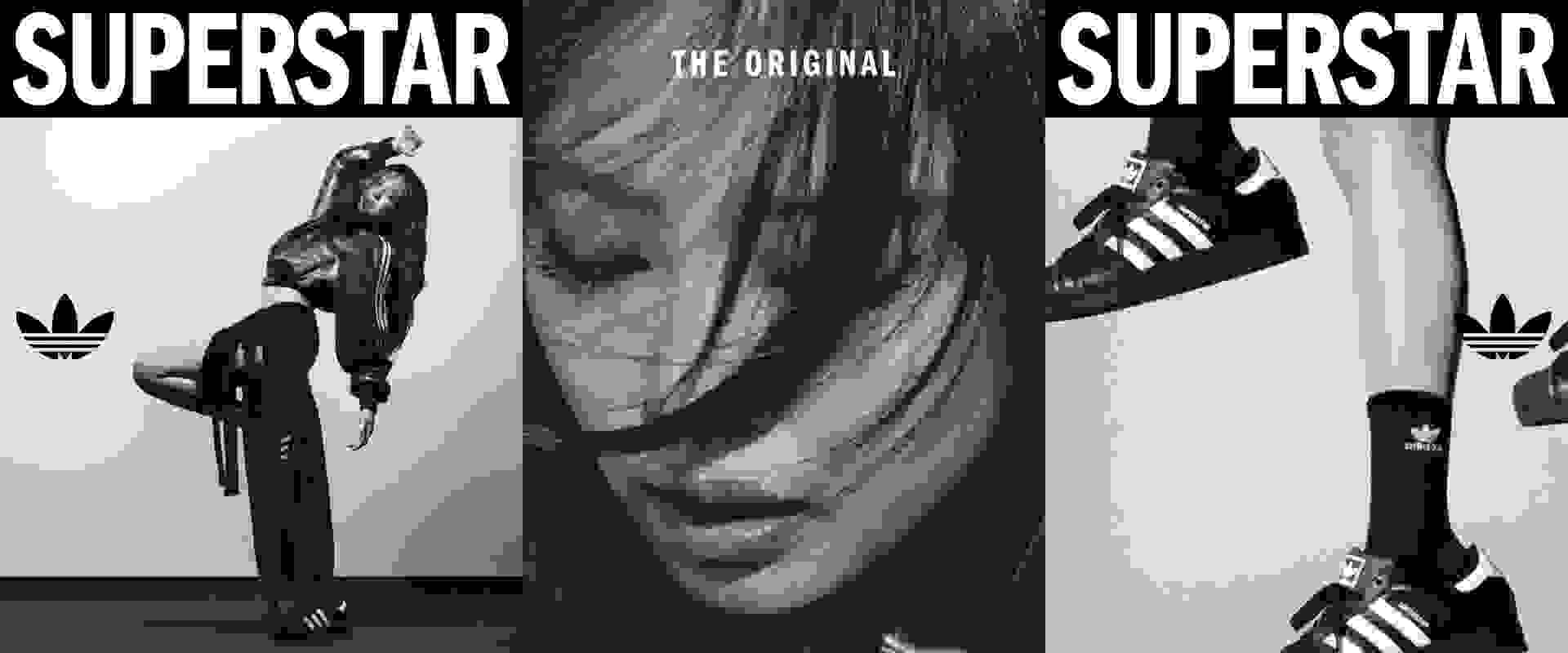 3枚のモノクロイメージの中で、ジェニーがアディダスの素材感のあるジャケットを着て、スリーストライプスの袖とブラックのSuperstarスニーカーを身に着けて、「SUPERSTAR」の見出しの下でトレフォイルロゴとともにポーズをとっている。