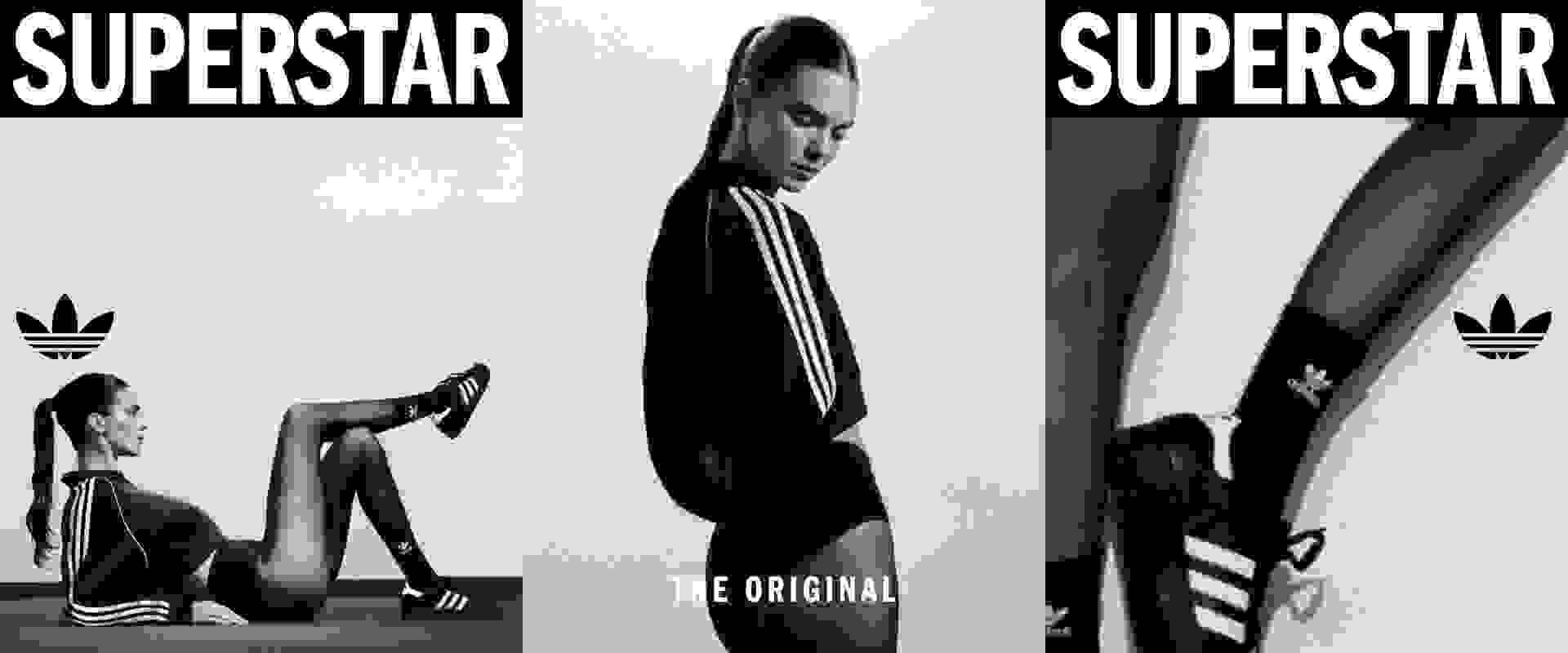 adidas Superstarのスニーカーやアパレルを身に着けたケンダル・ジェンナーの白黒写真3枚。トレフォイルロゴと"SUPERSTAR"の文字が目を引くデザイン。