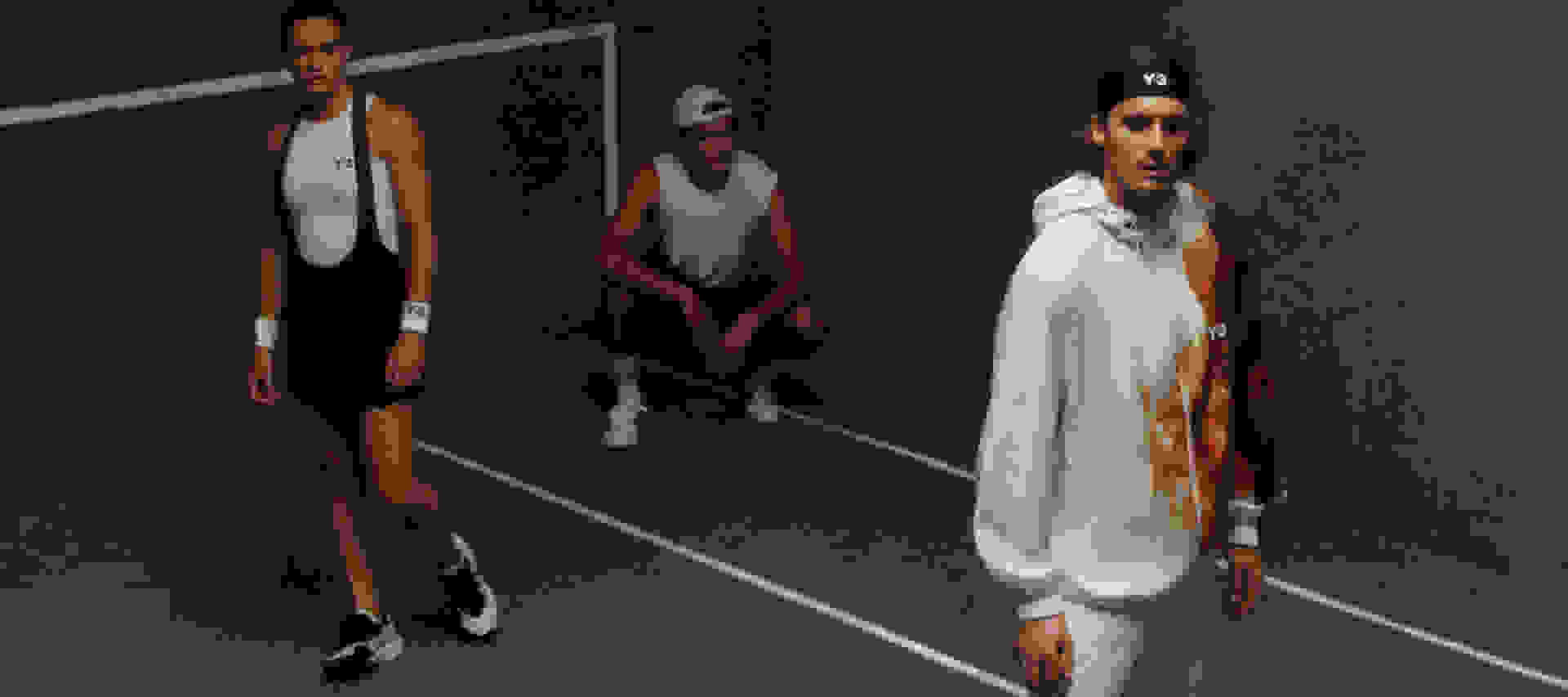 Maria Sakkari, Jakub Mensik, and Stefanos Tsitsipas wear the latest Y-3 Tennis collection on a dark training court.