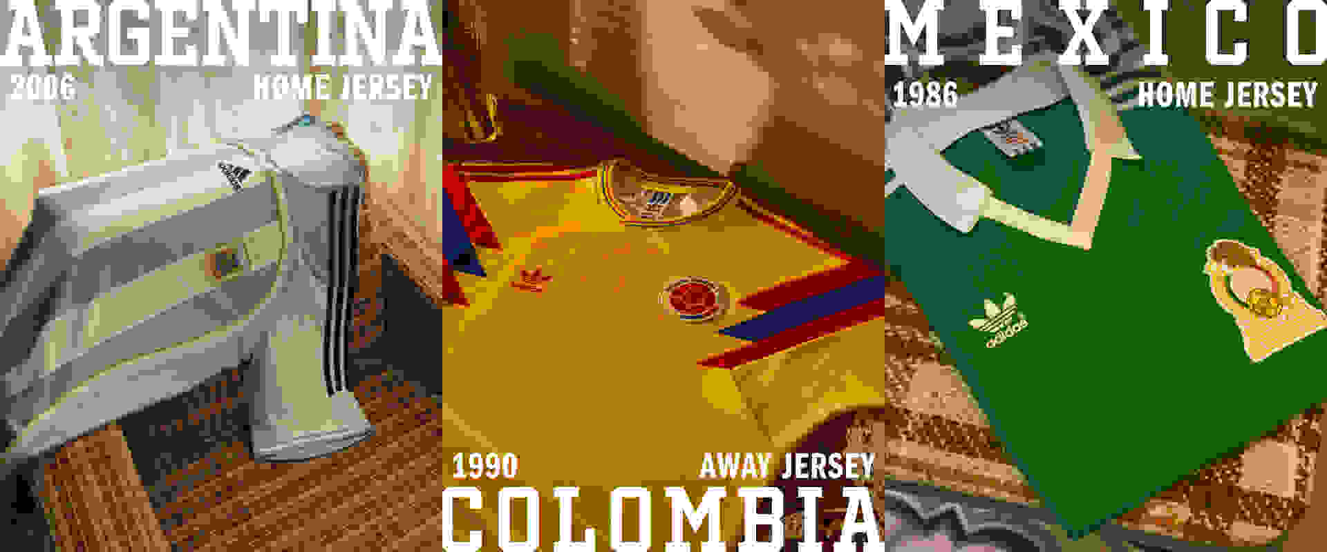 The image displays various soccer jerseys, including those for Argentina, Mexico, and Colombia, showcasing their distinct designs and colors.