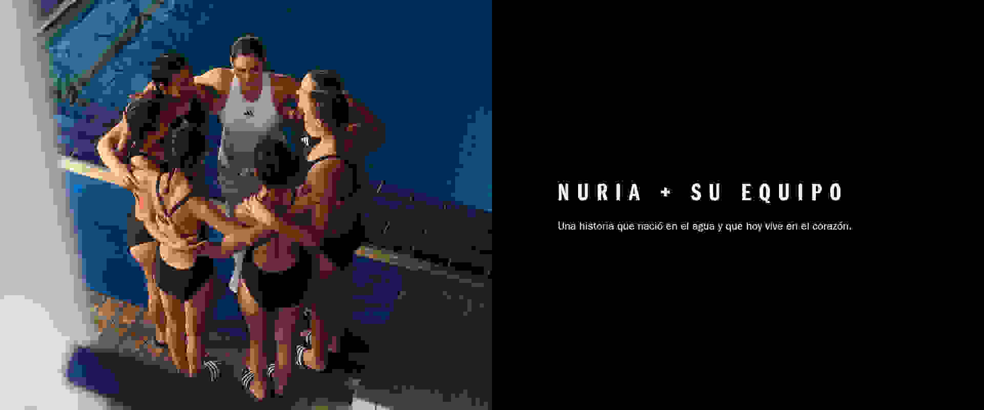 A group of people in swimsuits standing together in front of a blue background, with text overlaying the image.