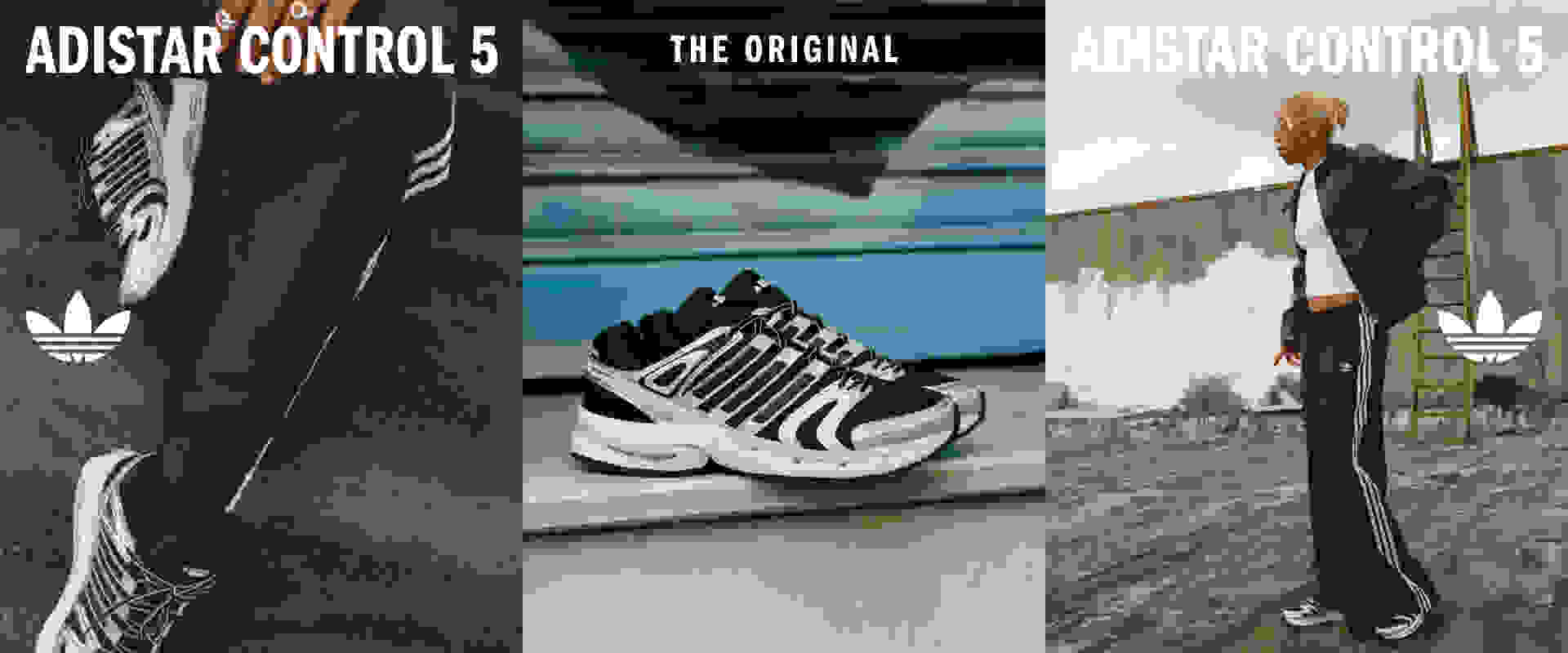 The image features three different Adidas shoe models, including the Adidas Control 5, the original Adidas shoe, and the Adidas Control shoe, all displayed against a backdrop of what appears to be a city street or urban environment.