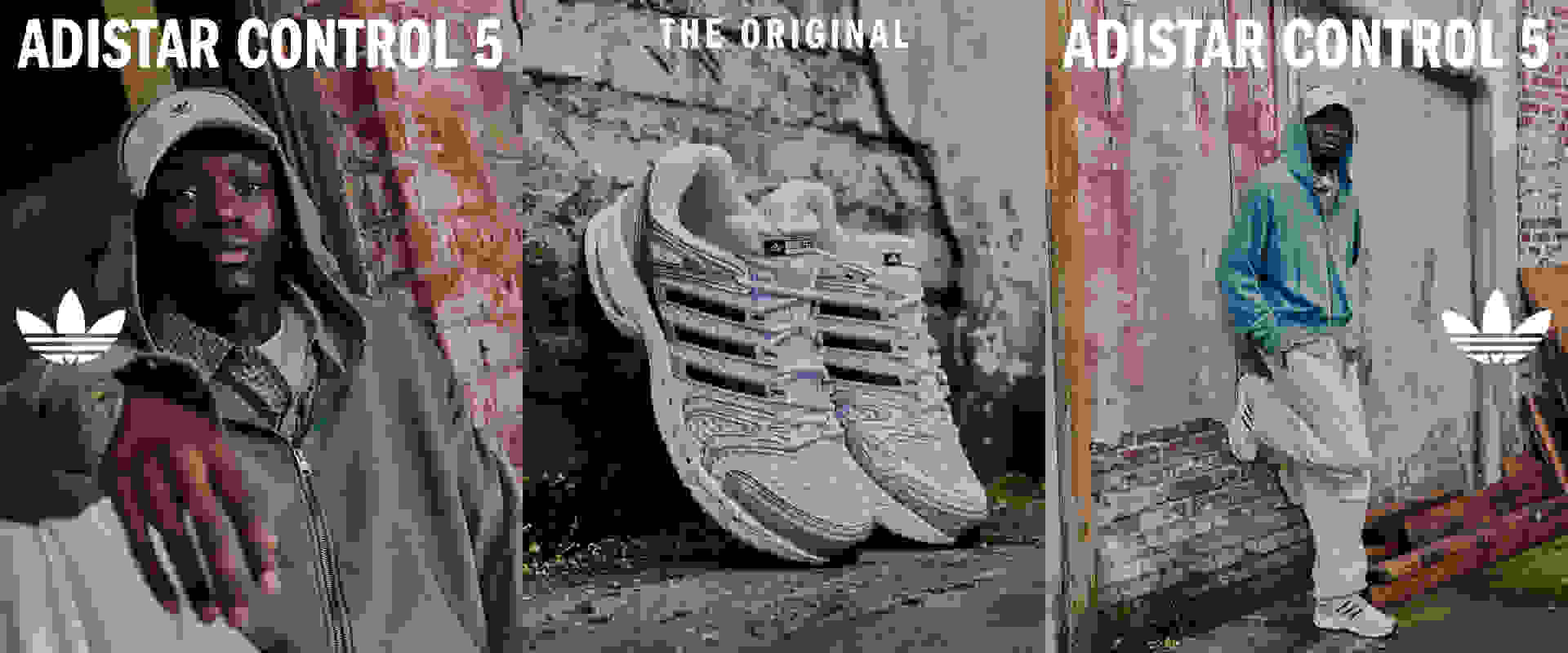 The image features three different shoe designs - a pair of Adidas shoes, a pair of Adidas Originals shoes, and a pair of Adidas Control 3 shoes - displayed against a backdrop of a brick wall and a person wearing a hooded jacket.