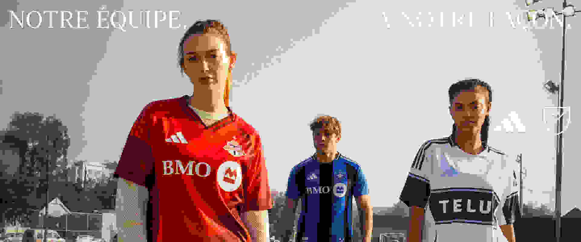 The image features three soccer players wearing jerseys from different teams, standing in front of a cityscape backdrop.
