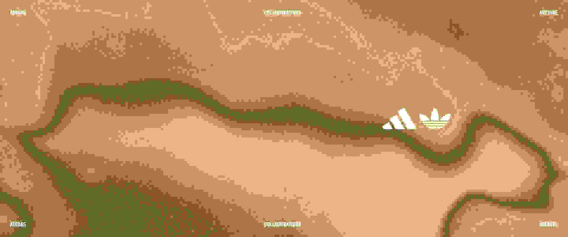 The image features the Adidas logo prominently displayed against a blurred, hazy background with a warm, golden tone.