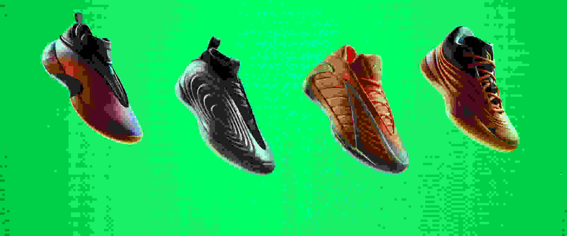 Four pairs of colorful, stylized soccer cleats or football boots are displayed against a vibrant green background.