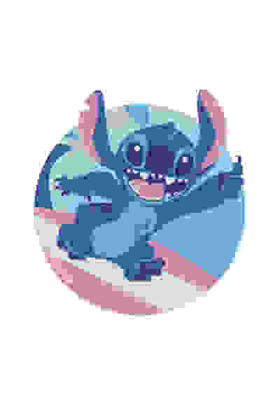 A cheerful, blue creature with large eyes and a wide grin is depicted against a colorful, abstract background of pastel blues, pinks, and whites.