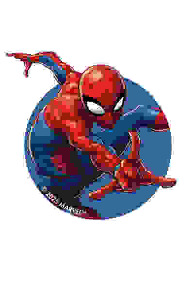 A vibrant and dynamic illustration of the iconic Marvel superhero Spider-Man, swinging through the air with his signature red and blue costume and web-slinging abilities, set against a bold blue background.