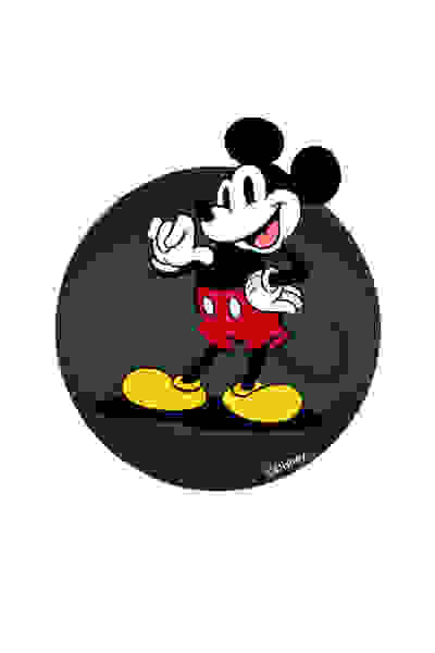 A classic cartoon character, Mickey Mouse, stands in a green oval background, with his iconic red shorts, yellow shoes, and a cheerful expression.