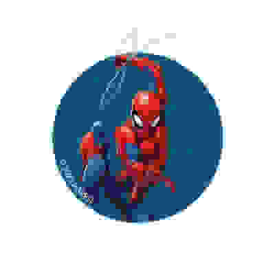 The image depicts a vibrant illustration of the iconic superhero Spider-Man swinging through the air against a blue background.