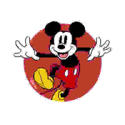 A cheerful and iconic cartoon character, Mickey Mouse, is depicted in the foreground against a bright red circular background.