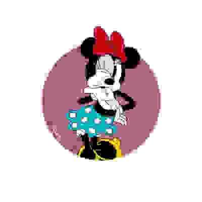 A cartoon character of Minnie Mouse, wearing a polka dot dress and a large red bow, is sitting on a pink circular background.
