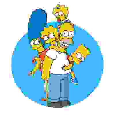 The image depicts the Simpson family, including Homer, Marge, Bart, Lisa, and Maggie, standing together in a blue circular background.