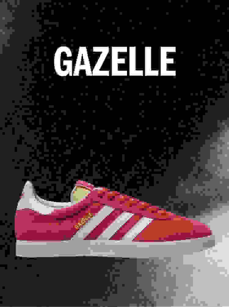Red Adidas Gazelle sneaker with white stripes on a dark background, with the word GAZELLE above.