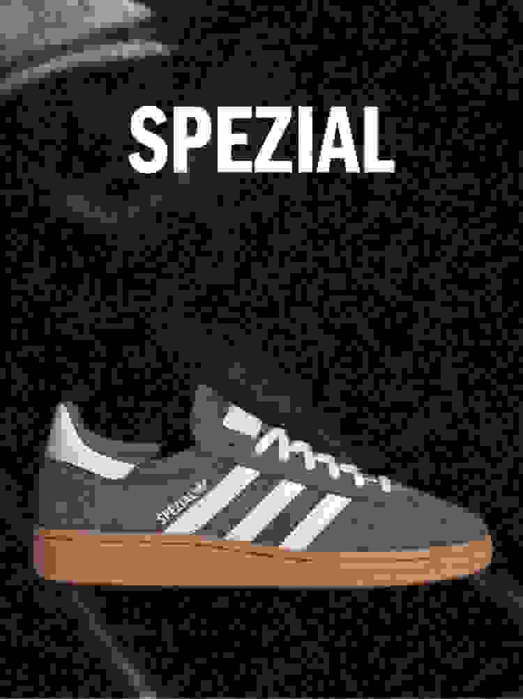 Brown Adidas Spezial sneaker with white stripes on a dark background, with the word SPEZIAL above.
