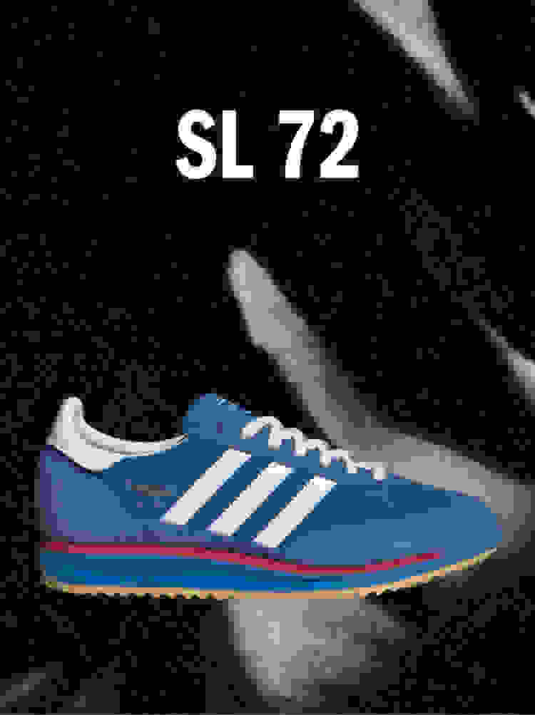 Blue Adidas SL 72 sneaker with white stripes on a dark background, with the word SL 72 above. Black Adidas Rivalry sneaker with white stripes on a dark background, with the word RIVALRY above.