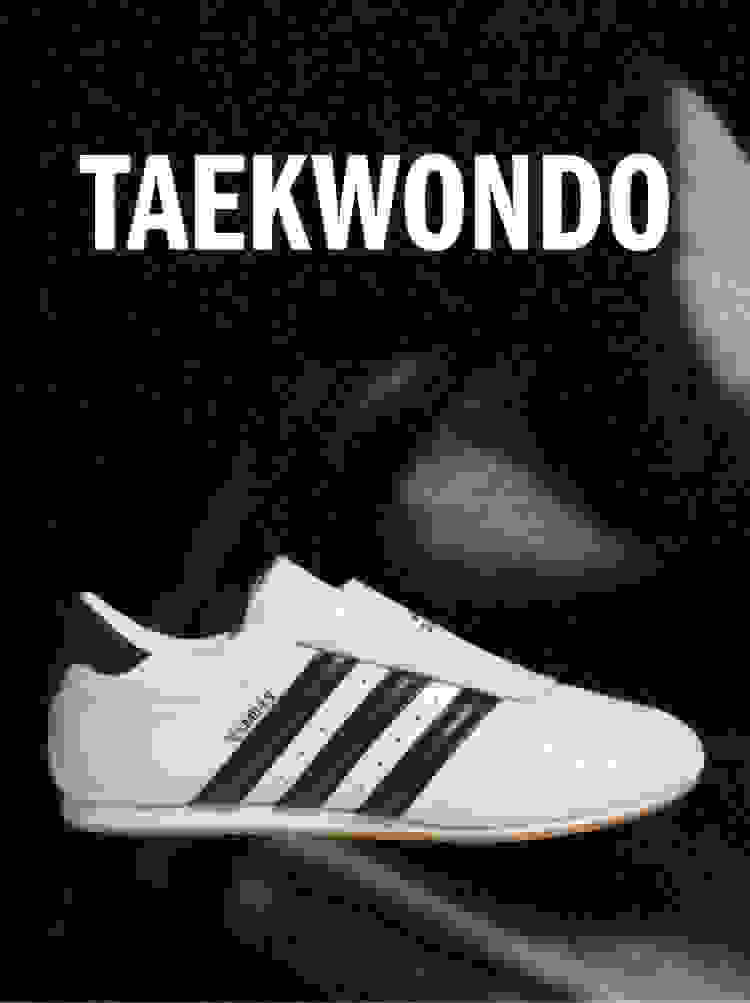 White Adidas Taekwondo sneaker with black stripes on a dark background, with the word TAEKWONDO above.