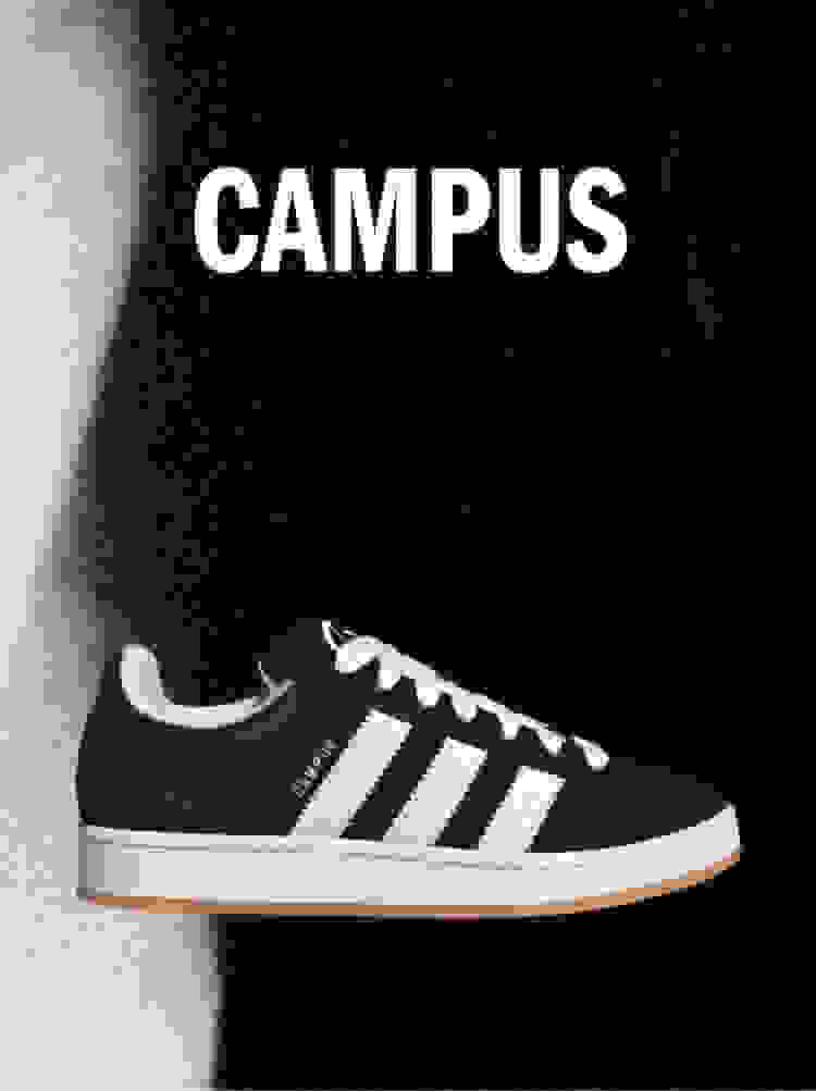 Black Adidas Campus sneaker with white stripes on a dark background, with the word CAMPUS above.