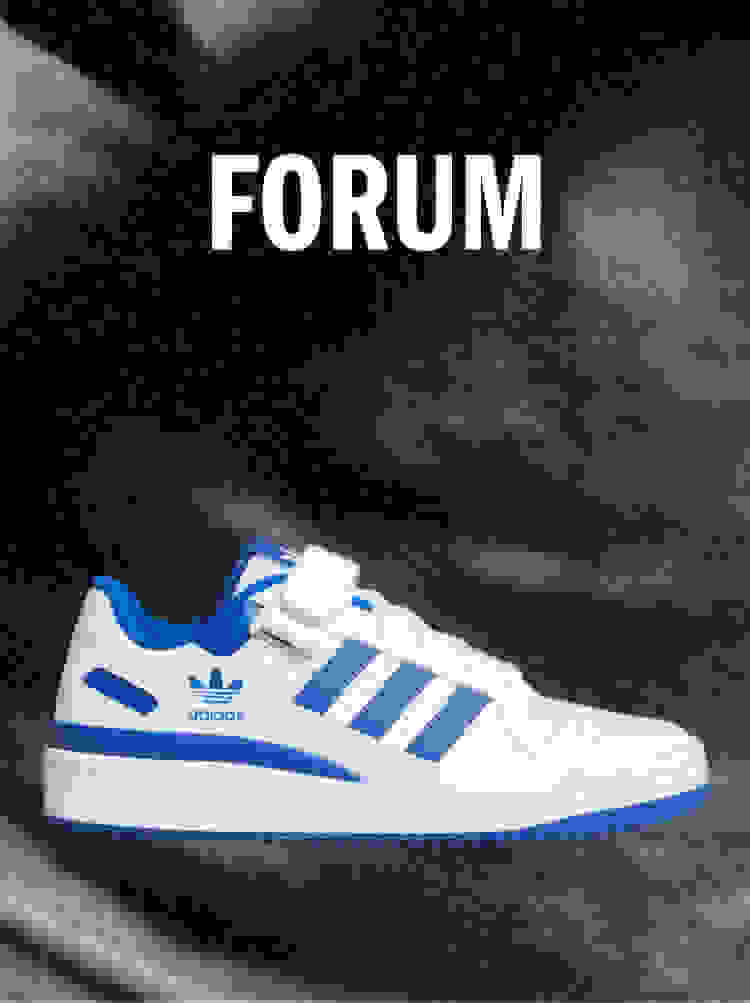 White Adidas Forum sneaker with blue stripes on a dark background, with the word FORUM above.