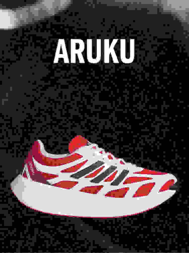 White and red Adidas Aruku sneaker with black stripes on a dark background, with the word ARUKU above.