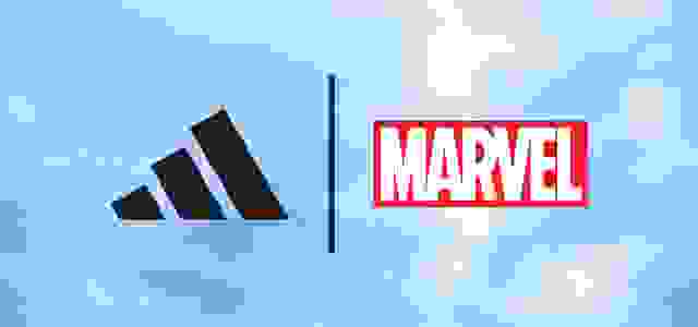 The image displays the Marvel logo alongside the Adidas logo against a bright blue sky with scattered clouds.