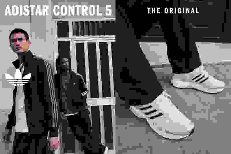 The image features two individuals standing in front of an Adidas Control 5 storefront, with one person wearing a black coat and the other wearing Adidas sneakers.
